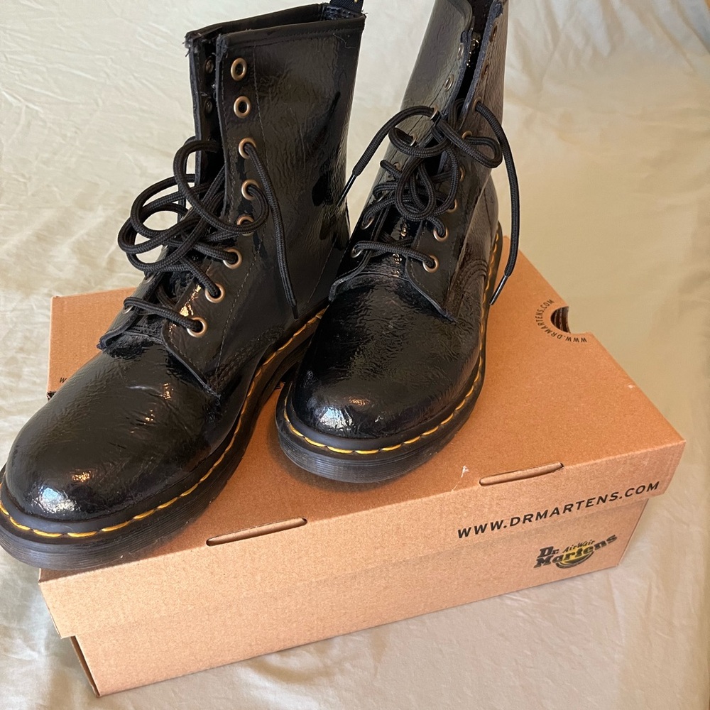 Dr. Martens Distressed Patent Black Boots